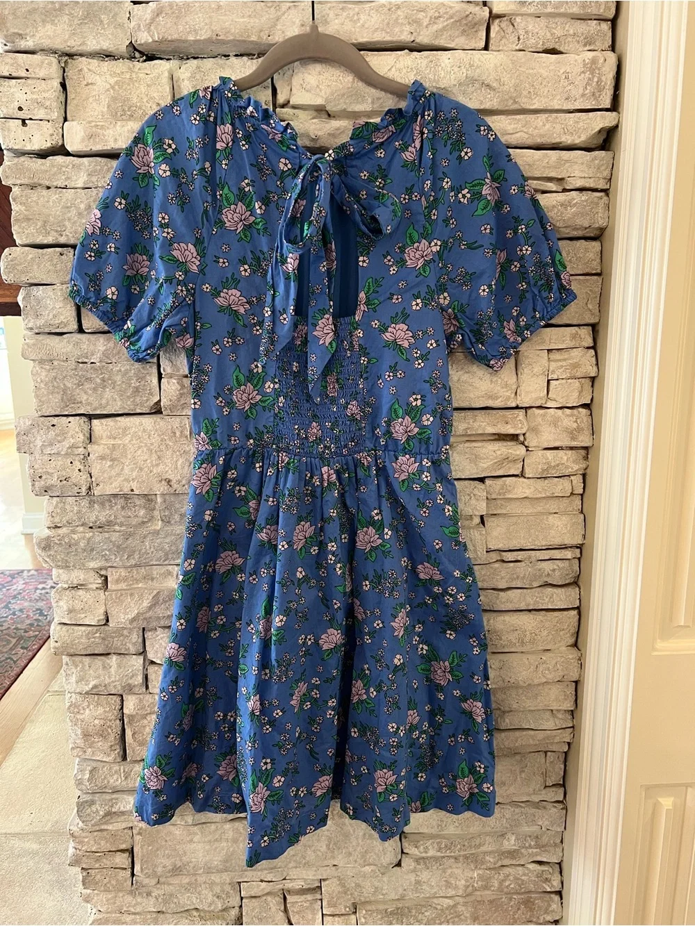 J. Crew Blue Floral Mini Dress with Puff Sleeves, Smocked & Tie Back 100% Cotton - Picture 2 of 10